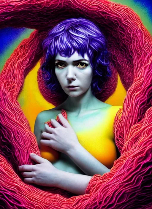 Prompt: hyper detailed 3d render like a Oil painting - Ramona Flowers with wavy black hair wearing thick mascara seen out Eating of the Strangling Strangling network of colorful yellowcake and aerochrome and milky and Her staring intensely delicate Hands hold of gossamer polyp blossoms bring iridescent fungal flowers whose spores black the foolish stars by Jacek Yerka, Mariusz Lewandowski, silly playful fun face, Houdini algorithmic generative render, Abstract brush strokes, Masterpiece, Edward Hopper and James Gilleard, Zdzislaw Beksinski, Mark Ryden, Wolfgang Lettl, Dan Hiller, hints of Yayoi Kasuma, octane render, 8k