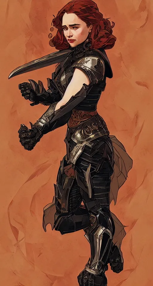 Image similar to redhead emilia clarke wearing black armour with bare legs, mucha, hard shadows and strong rim light, art by jc leyendecker and atey ghailan and sachin teng