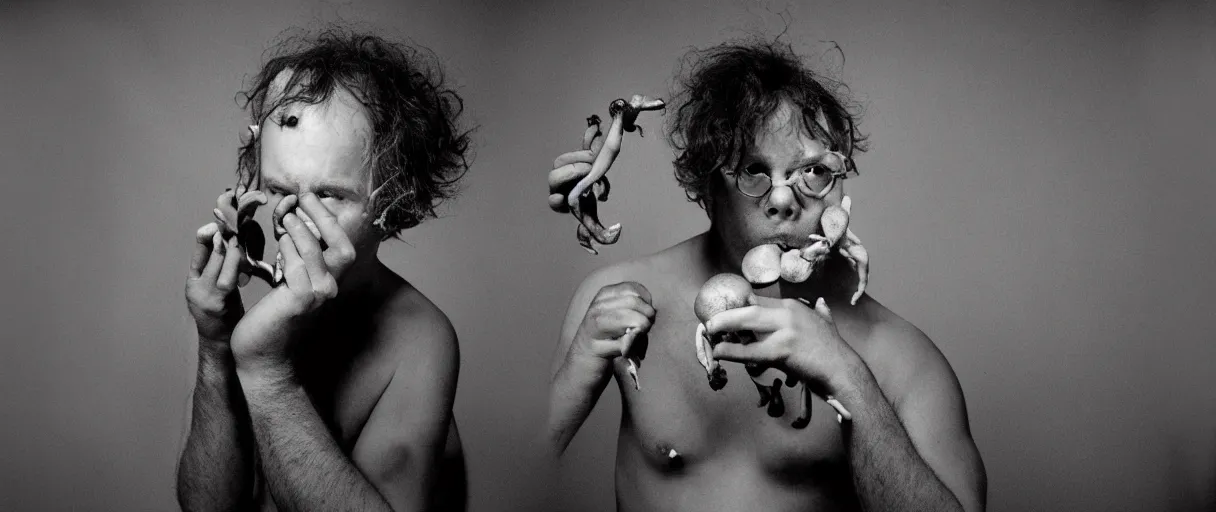 Prompt: award winning photo of a todd solondz charles thompson iv eating a mushrooms and becoming nature, sad, symmetrical face, beautiful eyes, studio lighting, wide shot art by sally mann & arnold newman