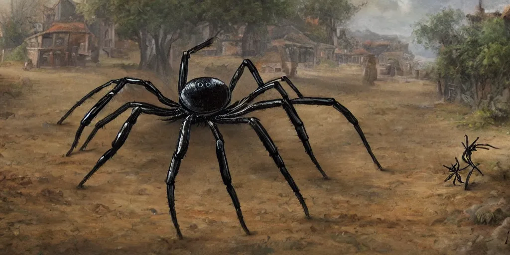 Prompt: painting of a giant spider walking in a village, surreal