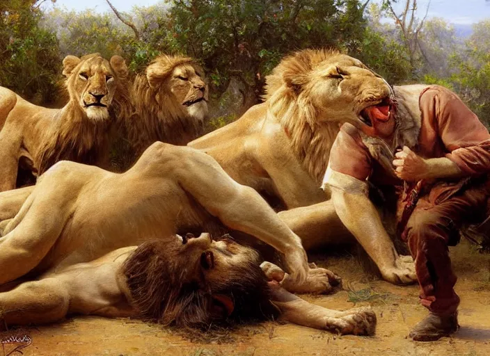 Image similar to a couple in love feeding the lions while a man lies dead on the ground, highly detailed painting by gaston bussiere, craig mullins, j. c. leyendecker