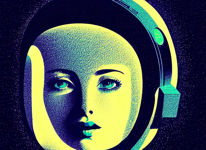 Prompt: portrait of a young astronaut girl, colorful,modern art deco, Mads Berg, Karolis Strautniekas, stippled light, fine texture, editorial illustration, dramatic lighting, dynamic composition, detailed, matte print