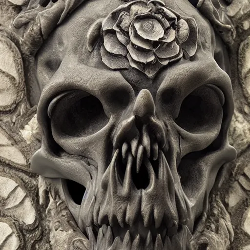 Image similar to gothic sculpture of gargoyle skull, with decorative floret design surrounding, deep texture, intense detail, hyperealism, 4 k