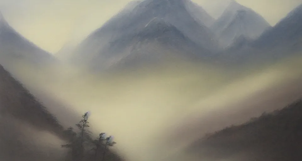 Prompt: misty zhiangjiajie mountains, beautiful painting, oil on canvas, by ewa czarniecka, award winning masterpiece,