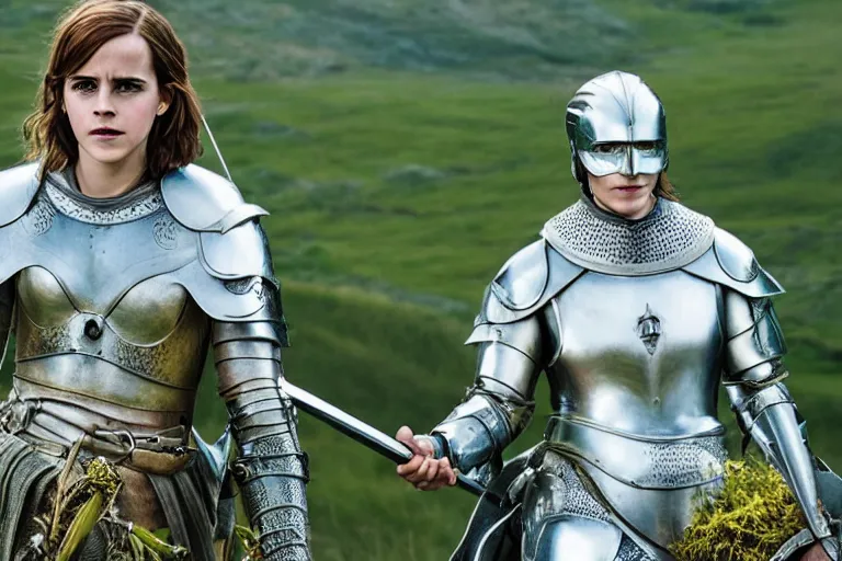 Prompt: promotional image of Emma Watson as Joan of Arc in the new movie directed by Ridley Scott, full suit of gilded plate armor, verdant green fields, god rays, detailed face, holding a sword, movie still, promotional image, imax 70 mm footage