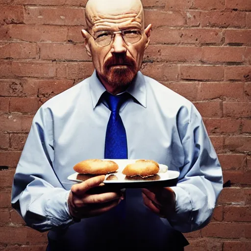 Image similar to walter white eating bagels, photography,