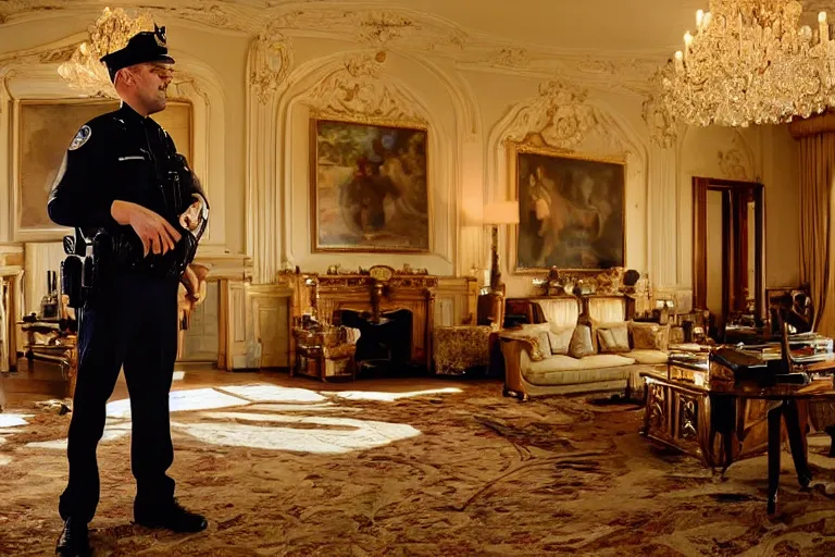 Image similar to cinematography portrait of a cop talking to his radio in an decadent mansion foyer by Emmanuel Lubezki