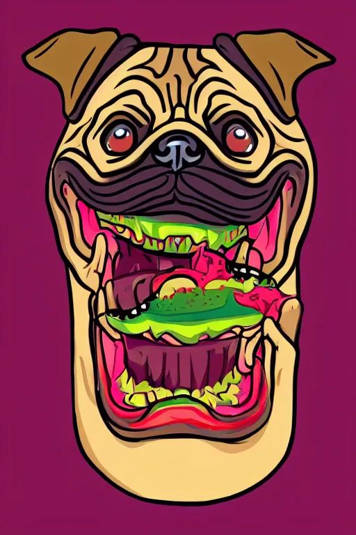 Image similar to demon pug eating flesh. art by samantha mash, sticker, colorful, illustration, highly detailed, simple, smooth and clean vector curves, no jagged lines, vector art, smooth