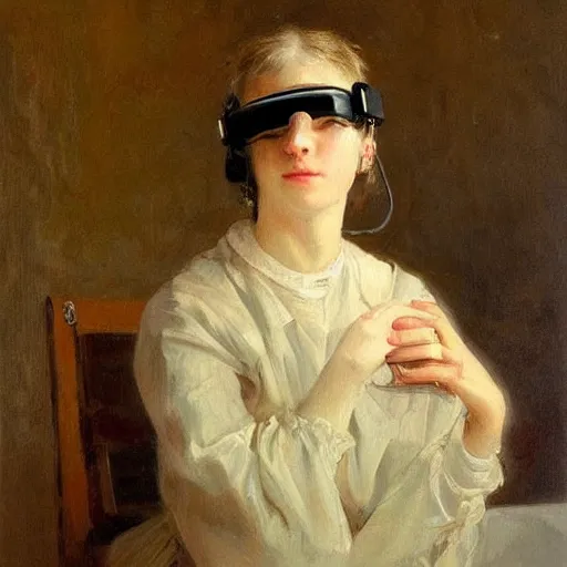 Prompt: a painting of a woman wearing vr goggles by repin.