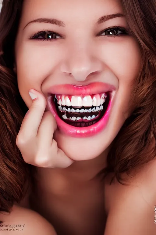 Image similar to a beautiful girl with vampire teeth smiling seductively to the camera. photography. hyper detailed and realistic. detailed eyes. sharp focus. photorealistic. pretty