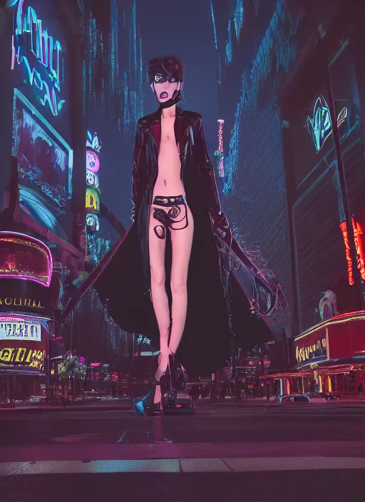 Image similar to 35mm photograph of a darkwave vampire on the Las Vegas strip at night by tomer hanuka and tom bagshaw, cinematic, hyper realism, high detail, octane render, 8k, trending on artstation, CGsociety, concept art, kodak portra