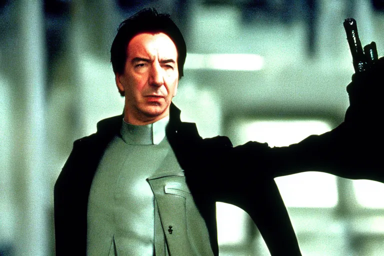 Prompt: film still of Alan Rickman as Neo in The Matrix 1999