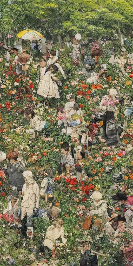 Image similar to oil painting scene from gardeners crowd in the flower garden by kim jung gi