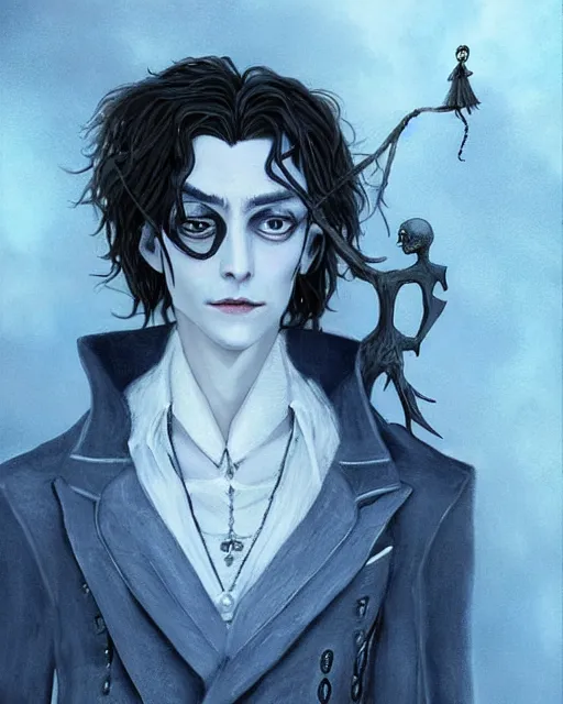 Image similar to elegant mysterious solemn desperate male johnny depp as victor van dort from the movie the corpse bride, portrait, illustration, the land of the death, rim light, top light, summer clear blue sky, perfectly shaded, soft painting, art by krenz cushart and wenjun lin