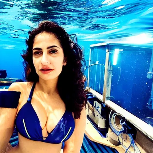 Prompt: deep sea footage of salma hayak in a bikini by an rov, underwater photograph