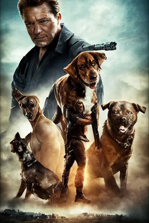 Image similar to poster for a big budget hollywood action movie about a man who avenges the death of his dog, cinematic, illustration, highly detailed