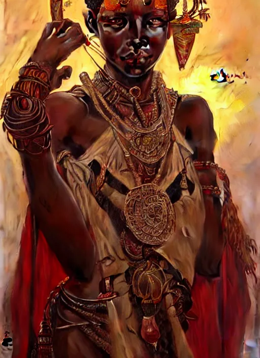 Prompt: : african shamen Shango fantasy, fantasy magic, , intricate, sharp focus, illustration, highly detailed, digital painting, concept art, matte, art by WLOP and Artgerm and Greg Rutkowski and Alphonse Mucha, masterpiece