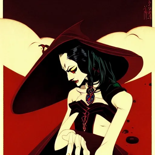 Image similar to beautiful vampire witch, evil, cinematic, dramatic, powerful, super detailed and intricate, by koson ohara, by darwyn cooke, by greg rutkowski, by satoshi kon