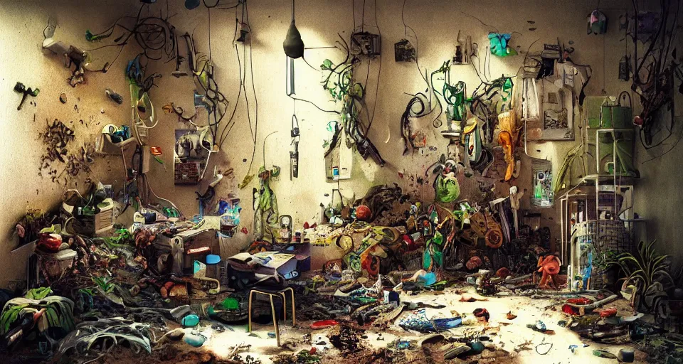 Image similar to IKEA catalogue photo, cyberpunk childrens bedroom, toys, mess, drawings, sand piled in corners, dust, organic, vines, overgrown, tropical, by Beksiński