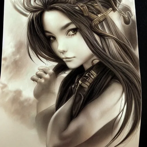 Image similar to pencil art, detailed portrait of anime girl, intricate, hyper detailed, realistic, oil painting, by julie bell, frank frazetta, cinematic lighting