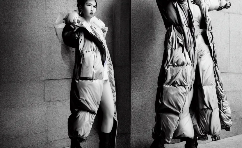 Image similar to well lit fashion shoot portrait of extremely beautiful female marble statue wearing huge over size puffer jacket by dingyun zhang, yeezy, balenciaga, vetements, a cold wall, sharp focus, clear, detailed,, cinematic, detailed, off white, glamourous, symmetrical, vogue, editorial, fashion, magazine shoot, glossy