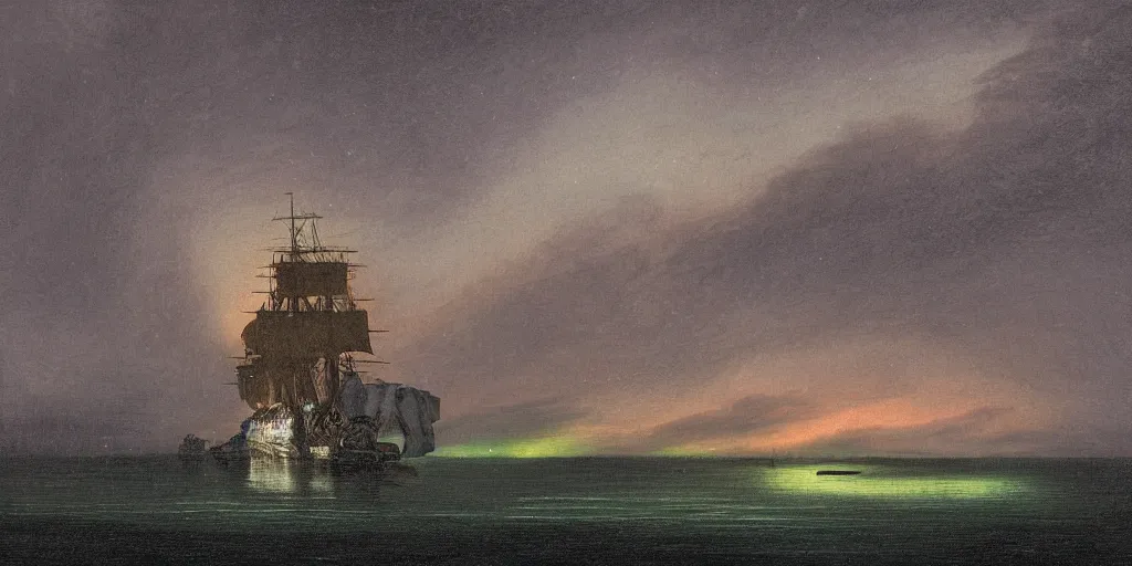 Prompt: digital painting of a 18th century ship stuck in ice on a cold sea at night. Sharp focus. Northern lights. Cinematic composition.