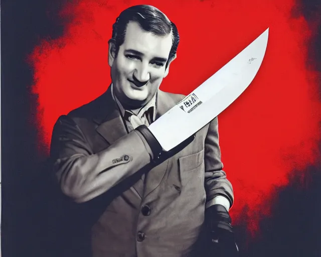 Image similar to bloody ted cruz holding knife with searchlight overhead, film reel, technicolour film