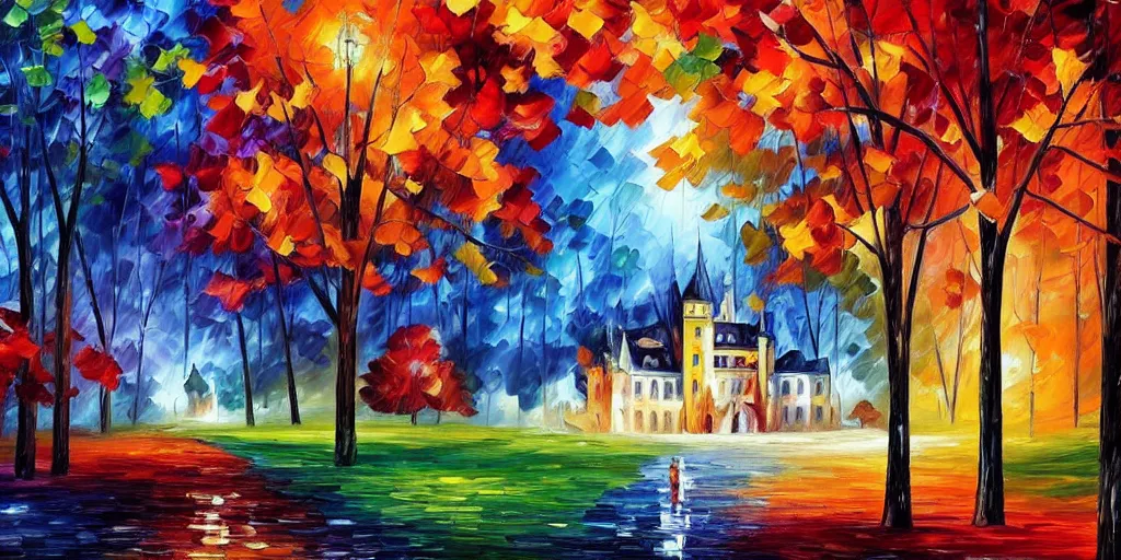 Prompt: a majestic castle rises above the dark woods in a faraway land, landscape by Leonid Afremov, masterpiece, vibrant