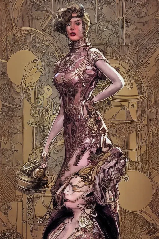 Prompt: brass semi - mechanical lady, portrait, floral art nouveau dress, art by ardian syaf and moebius, in steampunk cityscape