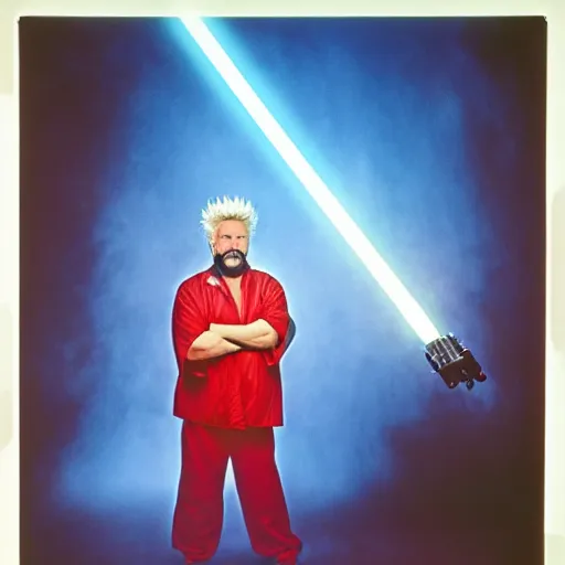 Prompt: Guy Fieri in Star Wars, Jedi Knight, blue light saber, cinestill 400t film, 35mm lens, by Stanly Kubrick, dim scene, smoke, fog