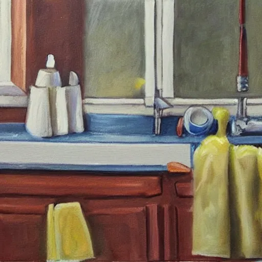 Image similar to realistic painting still of kitchen sink full of dirty dishes, angry man, high detail