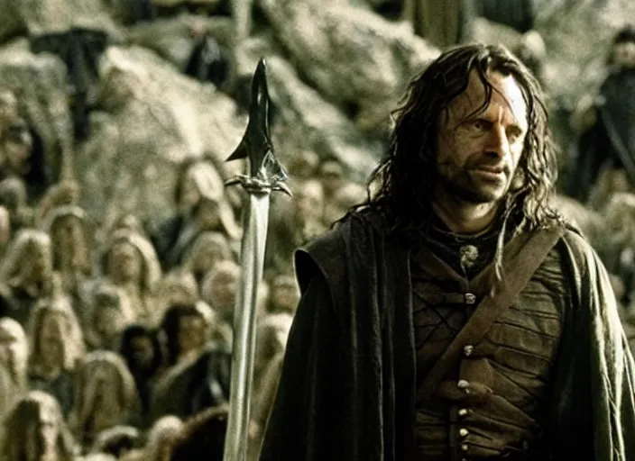 Image similar to film still of bernie sanders as aragorn in lord of the rings movie, 8 k