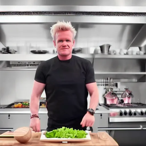 Image similar to hyper real Gordon Ramsey cooking a unicorn in kitchen 4k