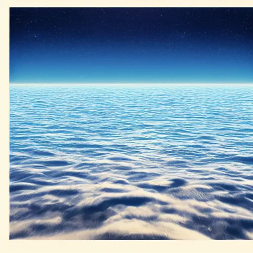 Image similar to a photo of a peaceful serene place, it's on an alien world. i am. looking at the ocean. the ocean seems to sparkle like diamonds. i can see a large blue planet floating in the horizon. hyperrealism