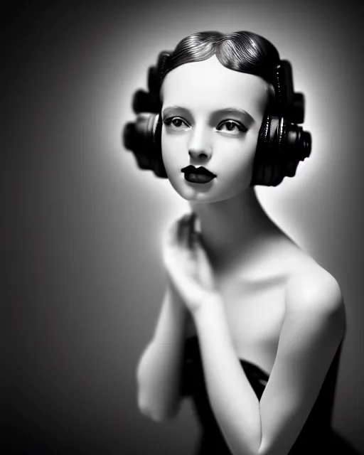 Image similar to black and white dreamy young beautiful female artificial intelligence, cinematic, rim light, bokeh, photo - realistic, elegant, high detail, 8 k, masterpiece, photo taken in 1 9 3 0, inspired by cecil beaton