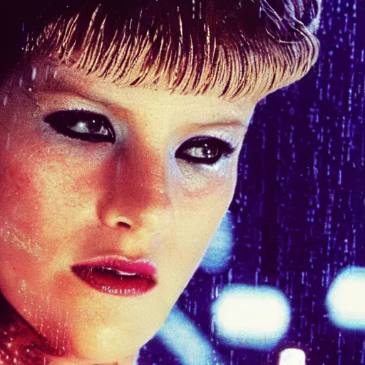 Image similar to close up portrait of rachael tyrell from blade runner at tyrell headquarters photographed by annie leibovitz, cyberpunk, colorful!, nighttime!, raining!