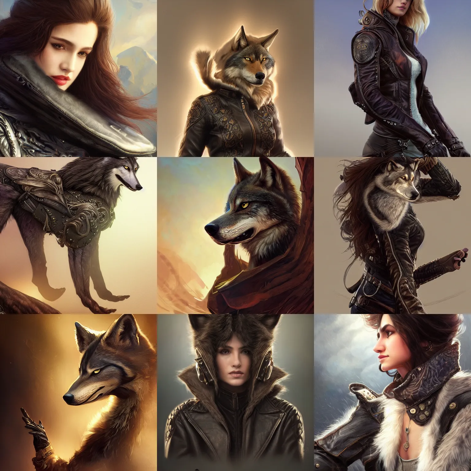 Prompt: Athro female wolf earing a leather jacket, Mark Edward Fischbach, intricate, highly detailed, furry digital painting, artstation, concept art, smooth, sharp focus, illustration, Unreal Engine 5, 8K, art by artgerm and greg rutkowski and alphonse mucha