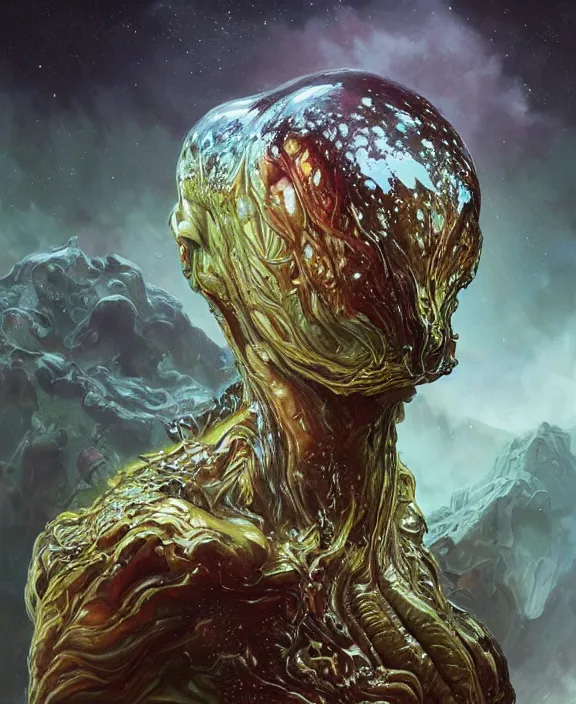 Image similar to portrait of a shining slime dripping predatory insect alien monster, slime, muscles, rippling slime, milky way environment, ultra realistic, concept art, intricate details, eerie, highly detailed, photorealistic, octane render, 8 k, unreal engine. art by artgerm and greg rutkowski and alphonse mucha