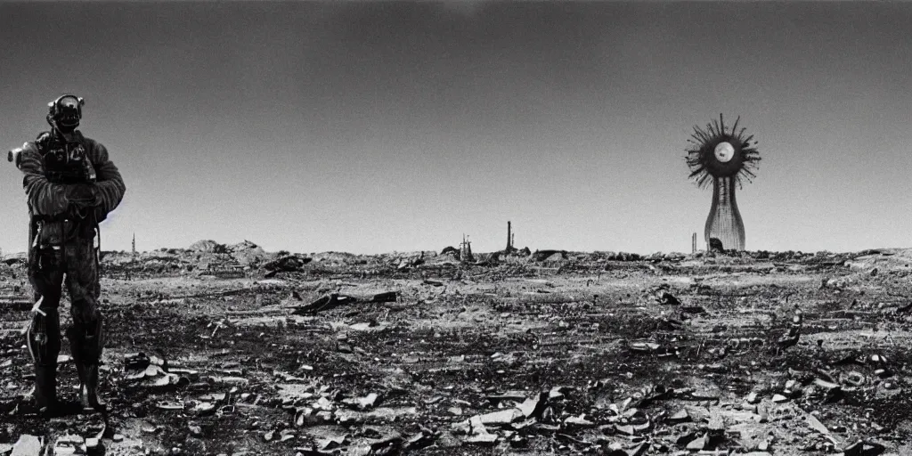 Image similar to portrait of irradiated post apocalyptic nuclear wasteland 1950s future black and white award winning photo highly detailed Arriflex 35 II, lighting by stanley kubrick