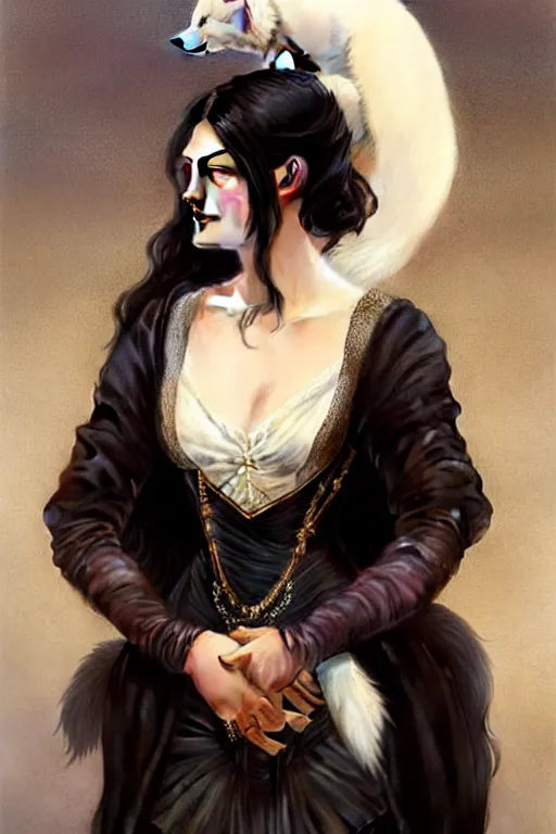 Image similar to Phoebe Tonkin dressed in Victorian fashion with black hair, holding a white fox in her arms, D&D, fantasy, intricate, elegant, highly detailed, digital painting, artstation, concept art, matte, sharp focus, illustration, art by Artgerm and Greg Rutkowski and Alphonse Mucha