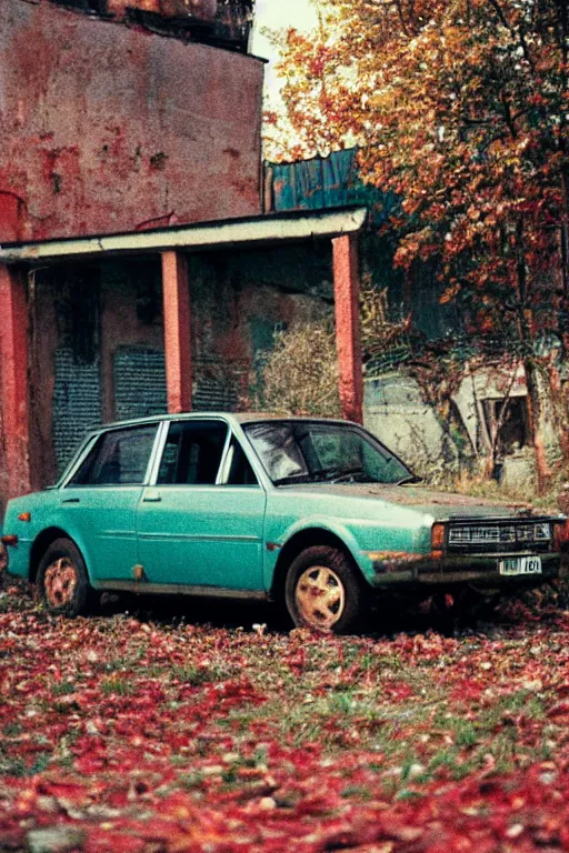 Image similar to a lomographic photo of old lada 2 1 0 7 standing in typical soviet yard in small town, autumn, cinestill, bokeh