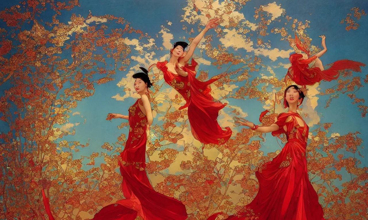 Image similar to chinese princess, dance, fairy, beautiful, stunning, red and gold dress, spinning in the sky, by stanley artgerm lau, greg rutkowski, victo ngai, alphonse mucha, loish, norman rockwell
