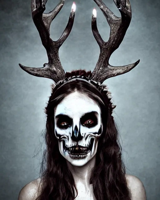 Image similar to deer - skull sisters ghost - spirit of the grim - warpaint wears the scarlet skull armor and native blood headdress antlers, midnight fog - mist!, cinematic lighting, various refining methods, micro macro autofocus, ultra definition, award winning photo, photograph by ghostwave - gammell - giger - shadowlord