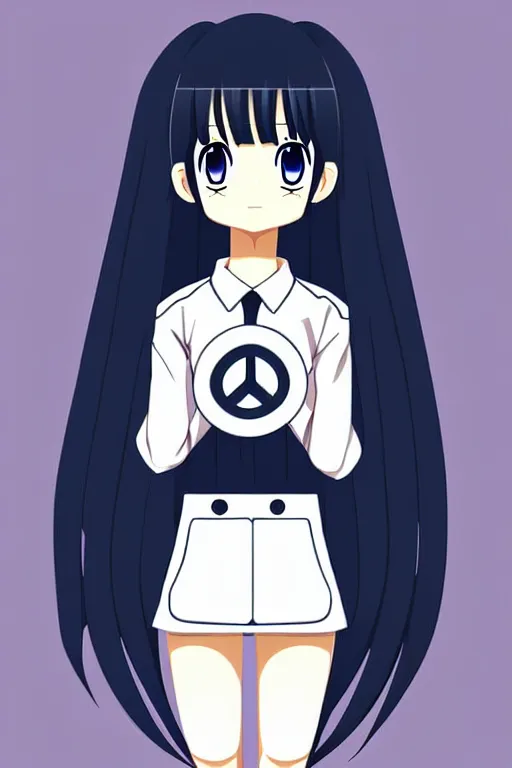 Image similar to full body anime portrait of a cute android girl round eyes long hair dressed in a school uniform inside the school, peace sign, stunning, highly detailed, anatomically correct, vector art, hyper realistic