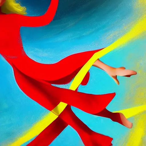 Prompt: beautiful modern dancer wearing a red and yellow swirling dress, dancing waist-deep in a sea of wild ocean waves, trending on Artstation, cinematic, hyperrealistic