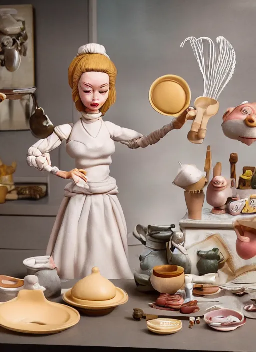 Image similar to product photography of a claymation action figure doutzen kroes doing the dishes, depth of field, zeiss lens, detailed, centered, by nicoletta ceccoli, mark ryden, erwin olaf, earl nore, frank frazetta, breathtaking, 8 k resolution, extremely detailed, beautiful, establishing shot, hyperrealistic