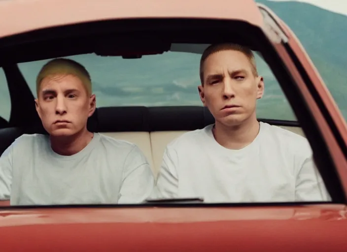 Image similar to a very high resolution image from a new movie, eminem in a car car. inside of a car. alone. mountains, directed by wes anderson