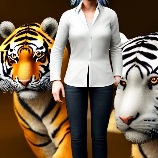 Image similar to portrait of a scientist man with a tiger head and a white blouse, ultra detail, ultra realistic, unreal engine, 8 k