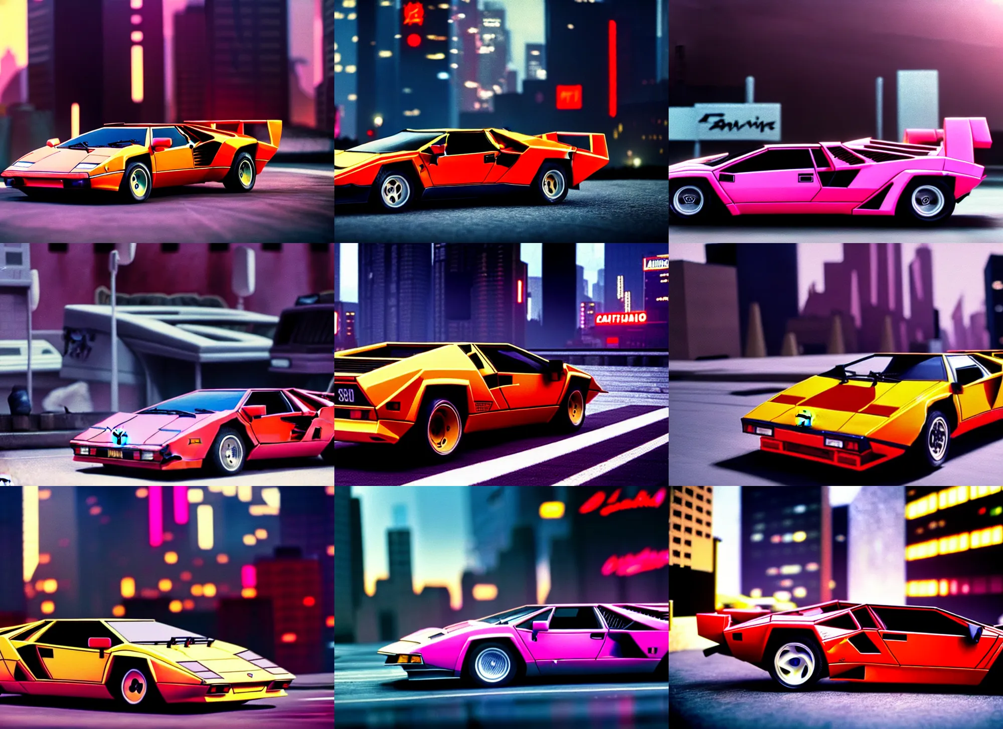 Prompt: a 1 9 8 5 lamborghini countach, akira style, dramatic speed racer lighting, racing fast around a cyberpunk city corner