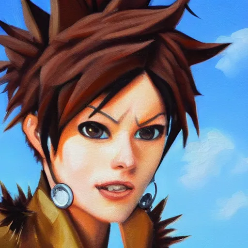 Image similar to oil painting of tracer overwatch in a field wearing spiked collar around neck, in style of peter kemp, expressive face, wearing choker with spikes, steel collar, detailed face, detailed eyes, full body, feminine face, tracer overwatch,